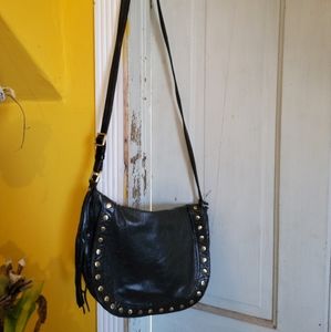 Hobo International Black Genuine Leather Crossbody Bag w/ Flap Rivets & Tassel